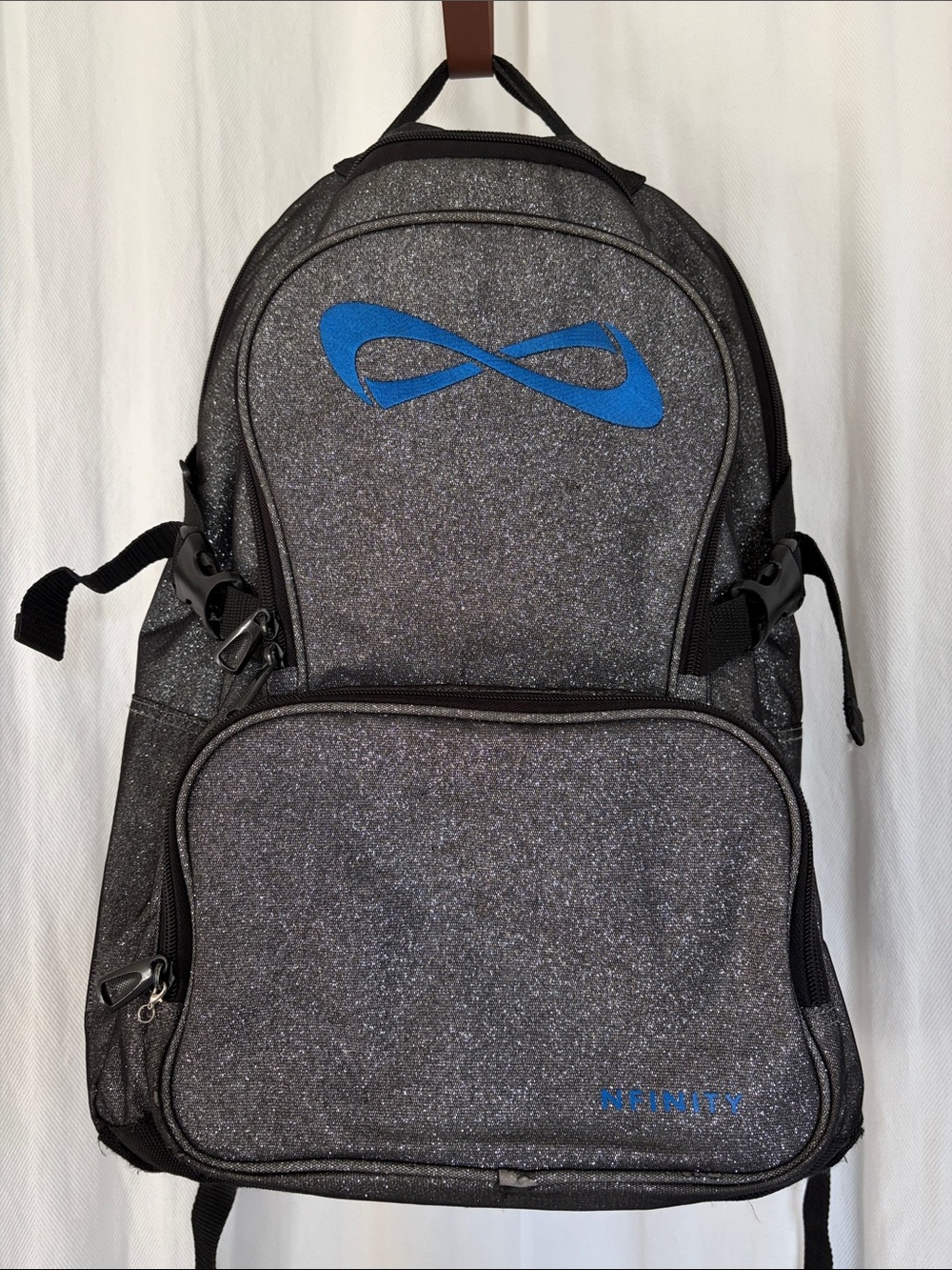 NFINITY Black Glitter Backpack with Blue Embroidered Logo